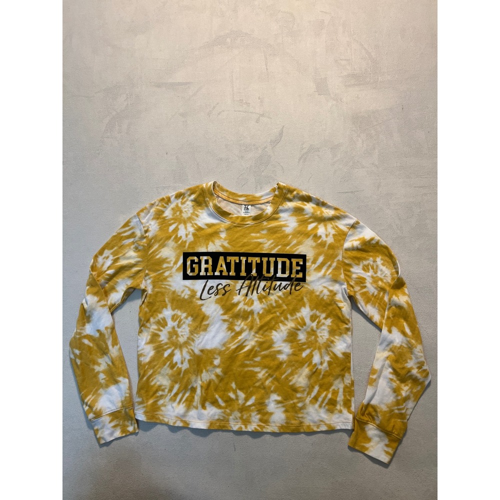 Hybrid Women Yellow Tie Dye Gratitude Less Attitude Long Sleeve Graphic Tee S